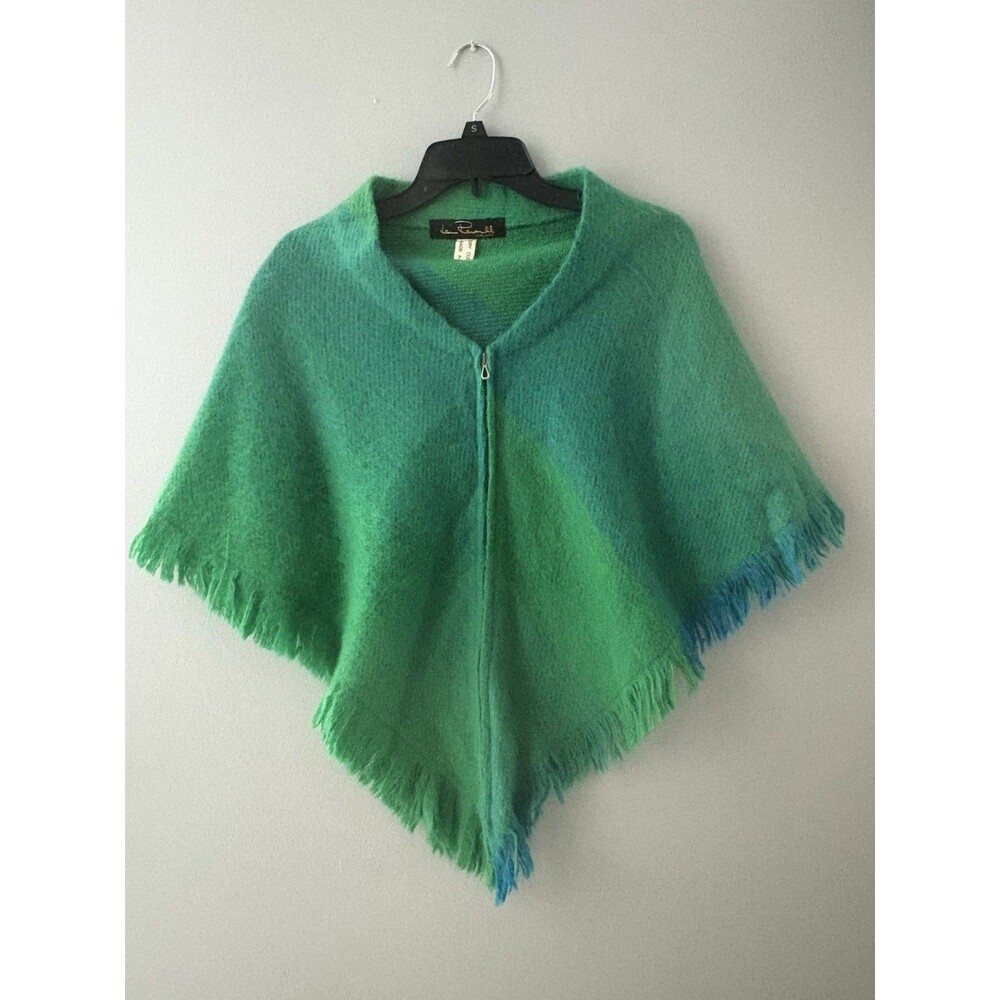 Vintage Lena Rewell Handmade Knit Wool Cape Green Blue Fringe Poncho Finland